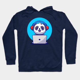 Cute Panda Listening Music With Headphone And Laptop Cartoon Hoodie